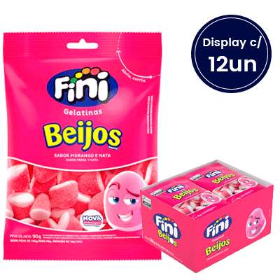 Bala de Gelatina Beijos de Morango Fini 90g Display c/ 12un